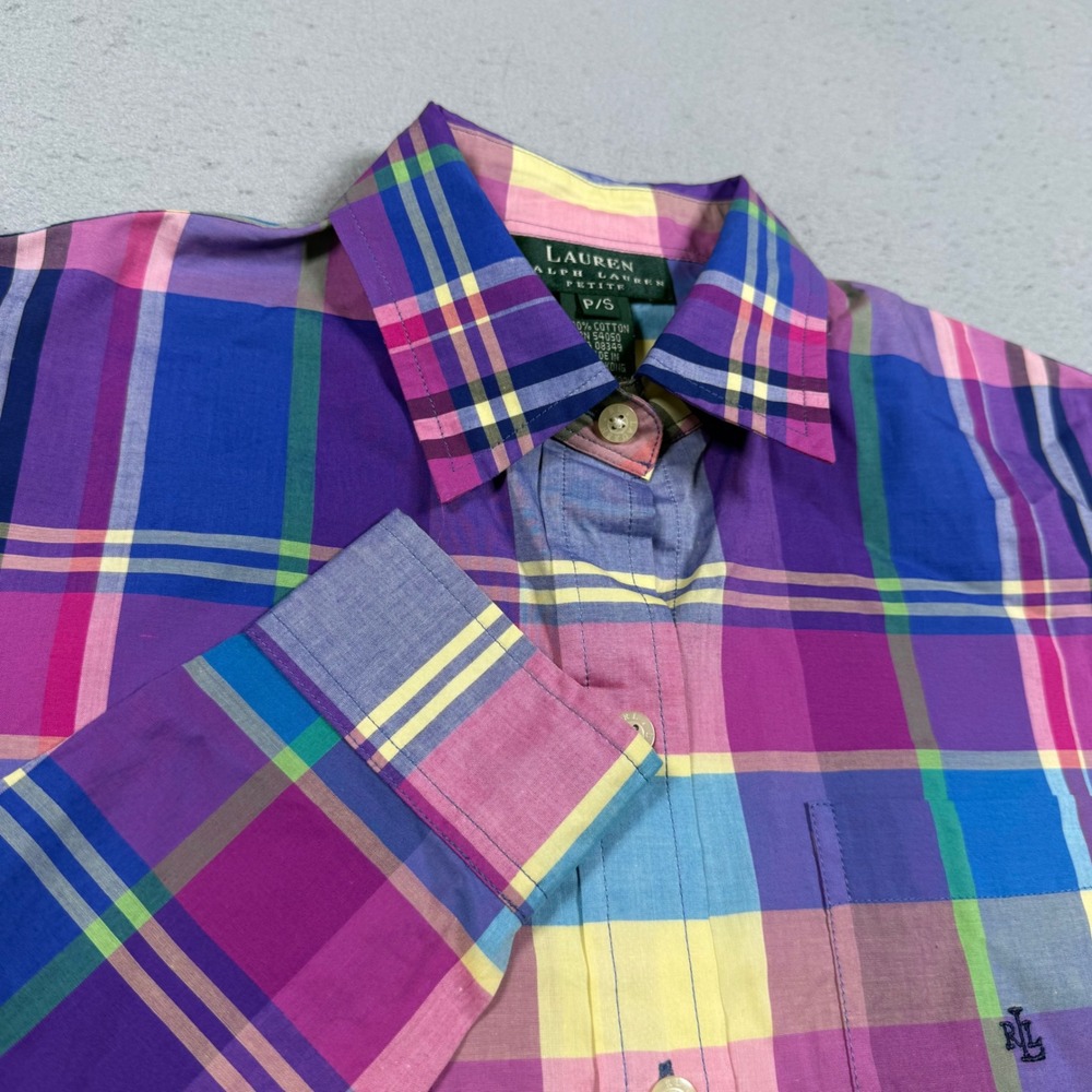 Lauren Ralph Lauren Petite Multicolor Plaid Cotton Button Down Shirt Purple P/S
